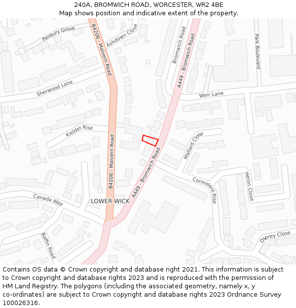 240A, BROMWICH ROAD, WORCESTER, WR2 4BE: Location map and indicative extent of plot