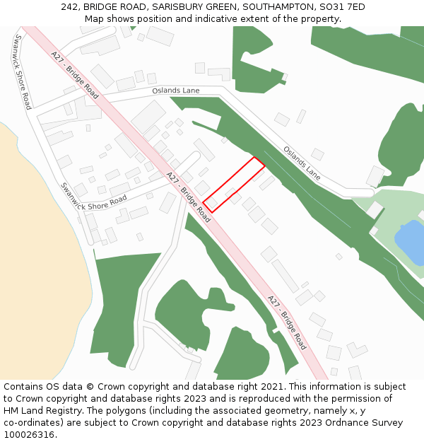 242, BRIDGE ROAD, SARISBURY GREEN, SOUTHAMPTON, SO31 7ED: Location map and indicative extent of plot