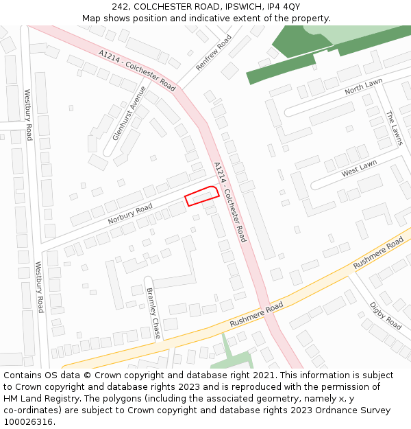 242, COLCHESTER ROAD, IPSWICH, IP4 4QY: Location map and indicative extent of plot