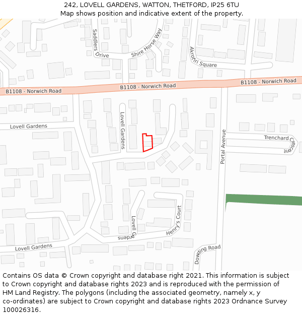 242, LOVELL GARDENS, WATTON, THETFORD, IP25 6TU: Location map and indicative extent of plot