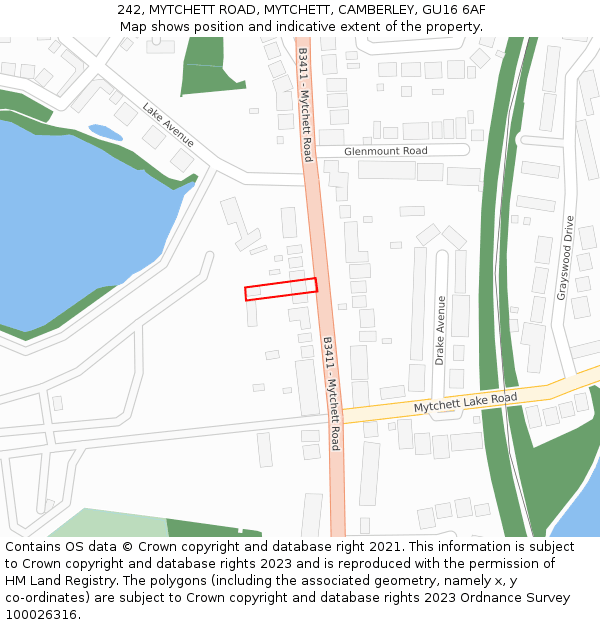 242, MYTCHETT ROAD, MYTCHETT, CAMBERLEY, GU16 6AF: Location map and indicative extent of plot