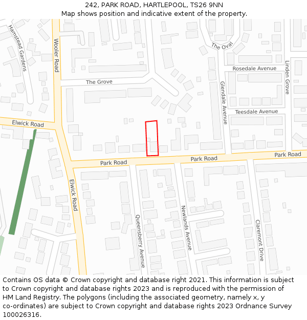 242, PARK ROAD, HARTLEPOOL, TS26 9NN: Location map and indicative extent of plot