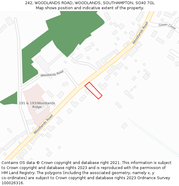 242, WOODLANDS ROAD, WOODLANDS, SOUTHAMPTON, SO40 7GL: Location map and indicative extent of plot