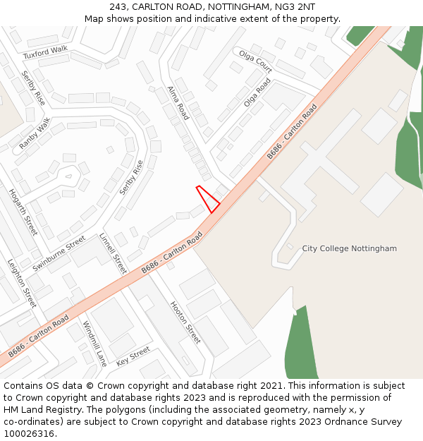 243, CARLTON ROAD, NOTTINGHAM, NG3 2NT: Location map and indicative extent of plot