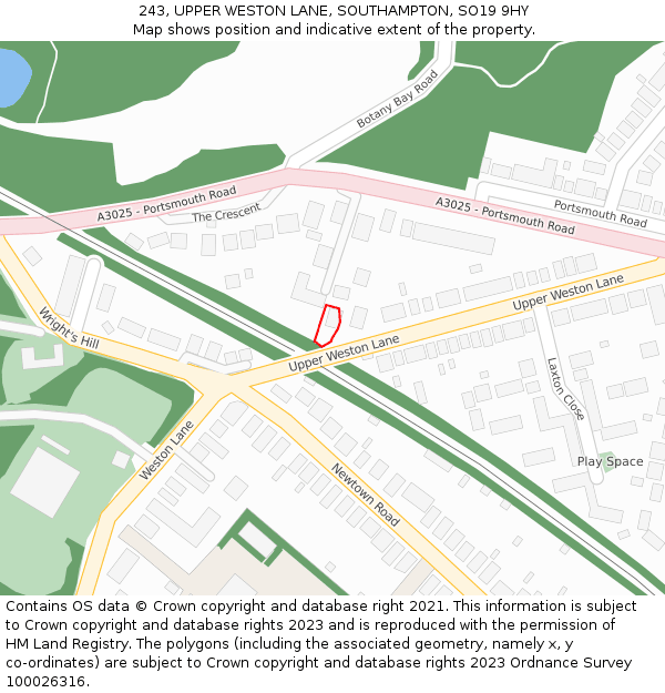 243, UPPER WESTON LANE, SOUTHAMPTON, SO19 9HY: Location map and indicative extent of plot