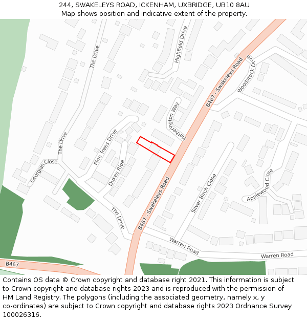 244, SWAKELEYS ROAD, ICKENHAM, UXBRIDGE, UB10 8AU: Location map and indicative extent of plot