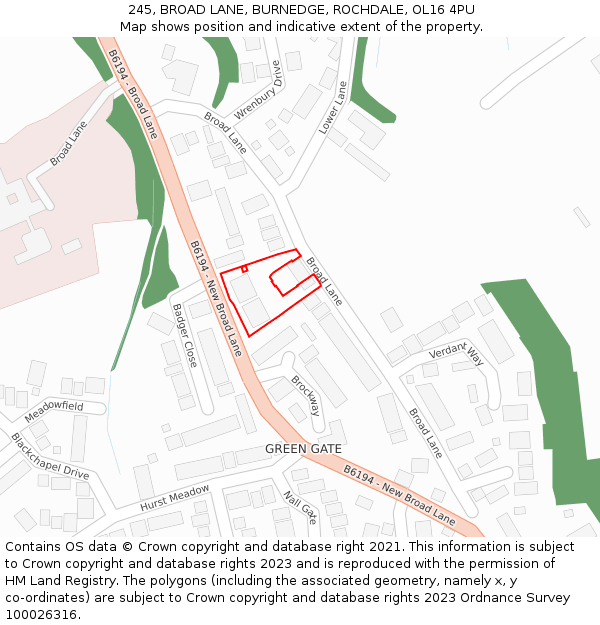 245, BROAD LANE, BURNEDGE, ROCHDALE, OL16 4PU: Location map and indicative extent of plot