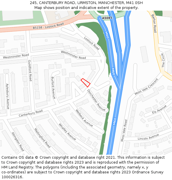 245, CANTERBURY ROAD, URMSTON, MANCHESTER, M41 0SH: Location map and indicative extent of plot