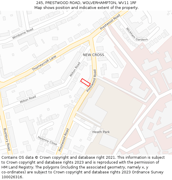 245, PRESTWOOD ROAD, WOLVERHAMPTON, WV11 1RF: Location map and indicative extent of plot