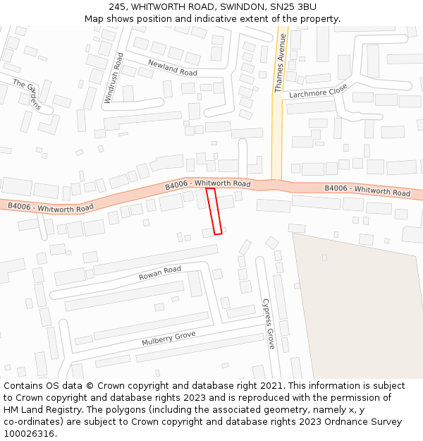 245, WHITWORTH ROAD, SWINDON, SN25 3BU: Location map and indicative extent of plot