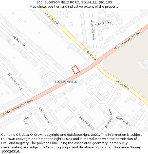 246, BLOSSOMFIELD ROAD, SOLIHULL, B91 1SS: Location map and indicative extent of plot