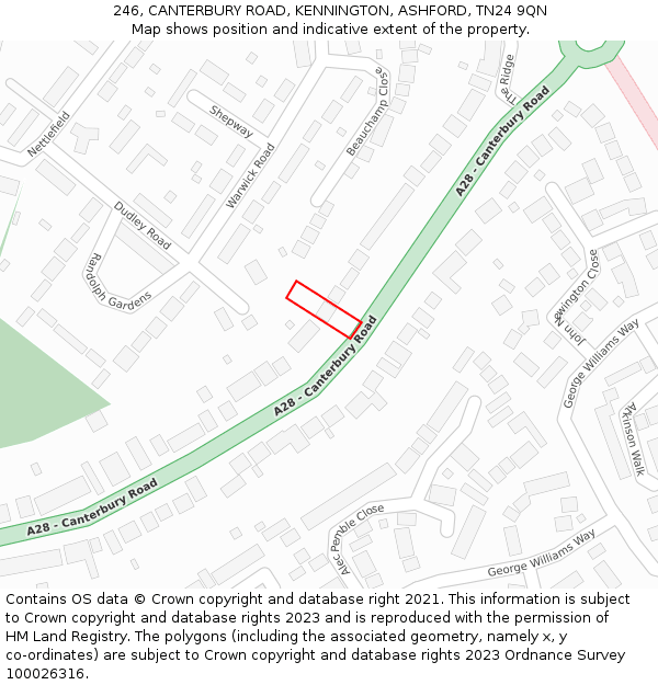 246, CANTERBURY ROAD, KENNINGTON, ASHFORD, TN24 9QN: Location map and indicative extent of plot