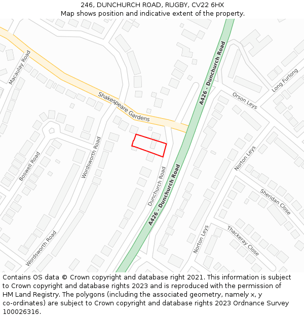 246, DUNCHURCH ROAD, RUGBY, CV22 6HX: Location map and indicative extent of plot