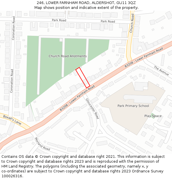 246, LOWER FARNHAM ROAD, ALDERSHOT, GU11 3QZ: Location map and indicative extent of plot