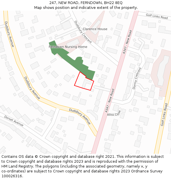 247, NEW ROAD, FERNDOWN, BH22 8EQ: Location map and indicative extent of plot