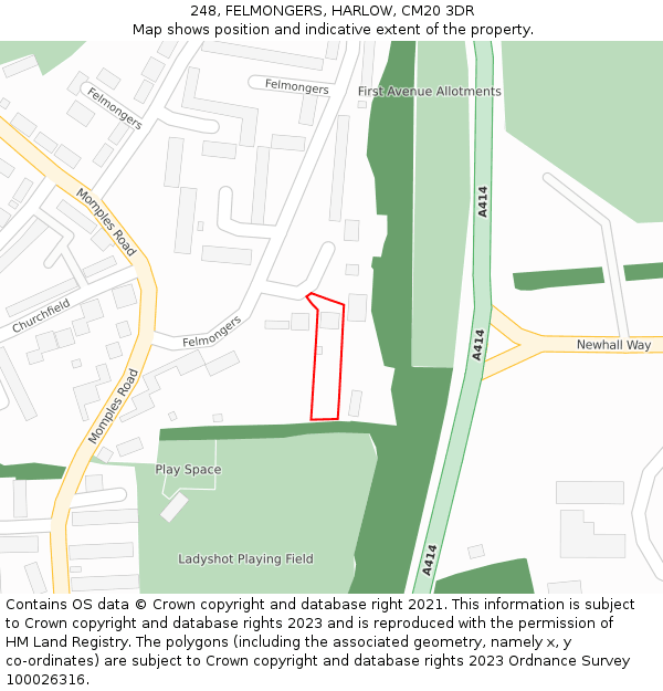 248, FELMONGERS, HARLOW, CM20 3DR: Location map and indicative extent of plot