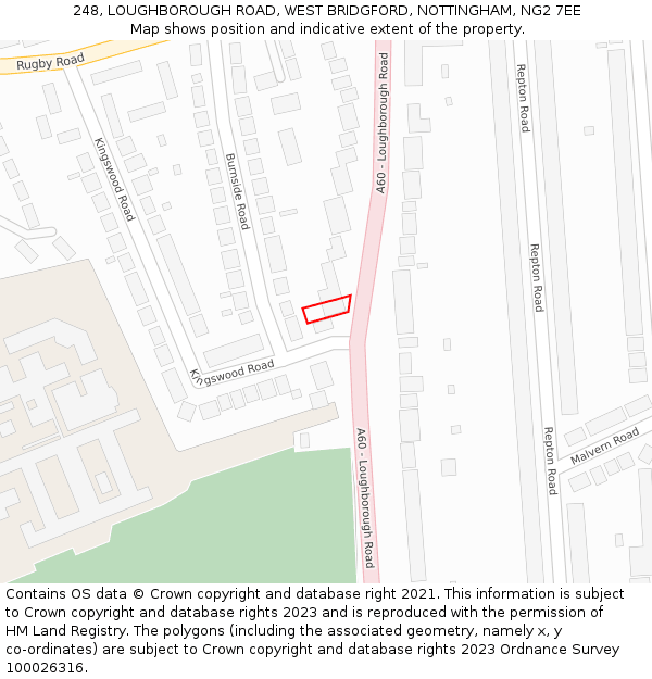 248, LOUGHBOROUGH ROAD, WEST BRIDGFORD, NOTTINGHAM, NG2 7EE: Location map and indicative extent of plot