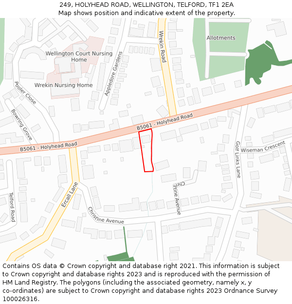 249, HOLYHEAD ROAD, WELLINGTON, TELFORD, TF1 2EA: Location map and indicative extent of plot