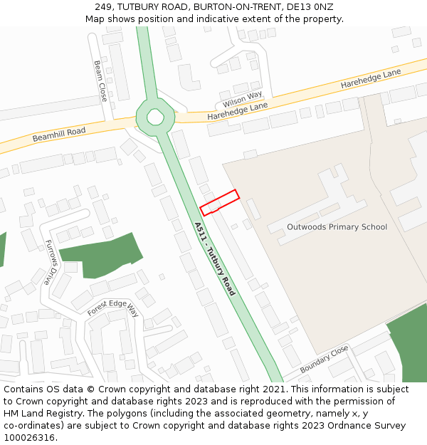 249, TUTBURY ROAD, BURTON-ON-TRENT, DE13 0NZ: Location map and indicative extent of plot