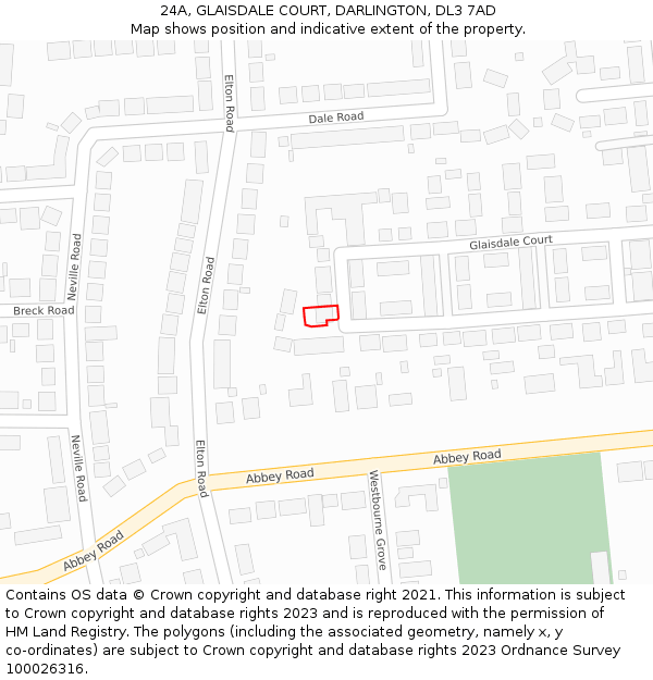 24A, GLAISDALE COURT, DARLINGTON, DL3 7AD: Location map and indicative extent of plot