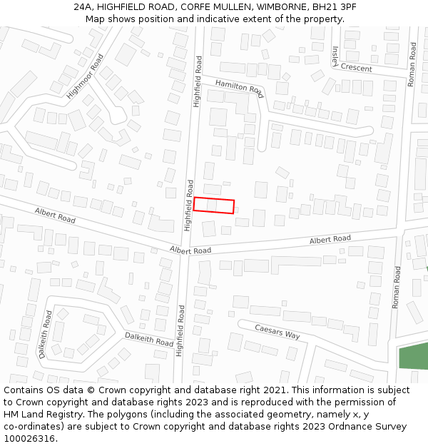24A, HIGHFIELD ROAD, CORFE MULLEN, WIMBORNE, BH21 3PF: Location map and indicative extent of plot
