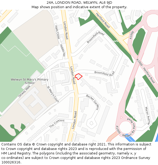 24A, LONDON ROAD, WELWYN, AL6 9JD: Location map and indicative extent of plot