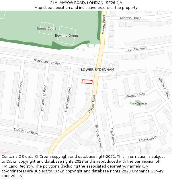 24A, MAYOW ROAD, LONDON, SE26 4JA: Location map and indicative extent of plot