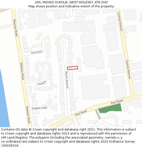 24A, MONKS AVENUE, WEST MOLESEY, KT8 2HD: Location map and indicative extent of plot