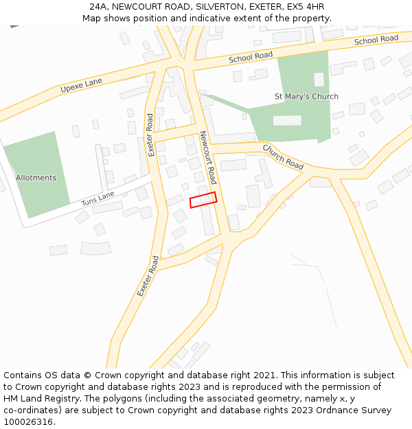 24A, NEWCOURT ROAD, SILVERTON, EXETER, EX5 4HR: Location map and indicative extent of plot