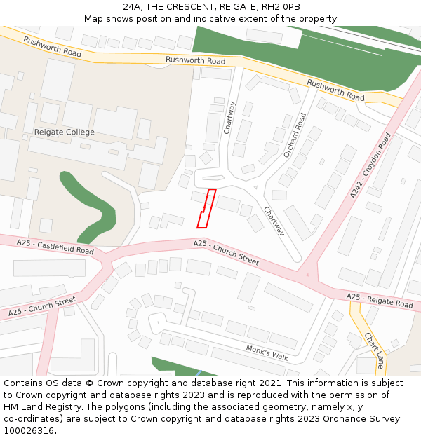 24A, THE CRESCENT, REIGATE, RH2 0PB: Location map and indicative extent of plot