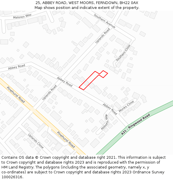 25, ABBEY ROAD, WEST MOORS, FERNDOWN, BH22 0AX: Location map and indicative extent of plot