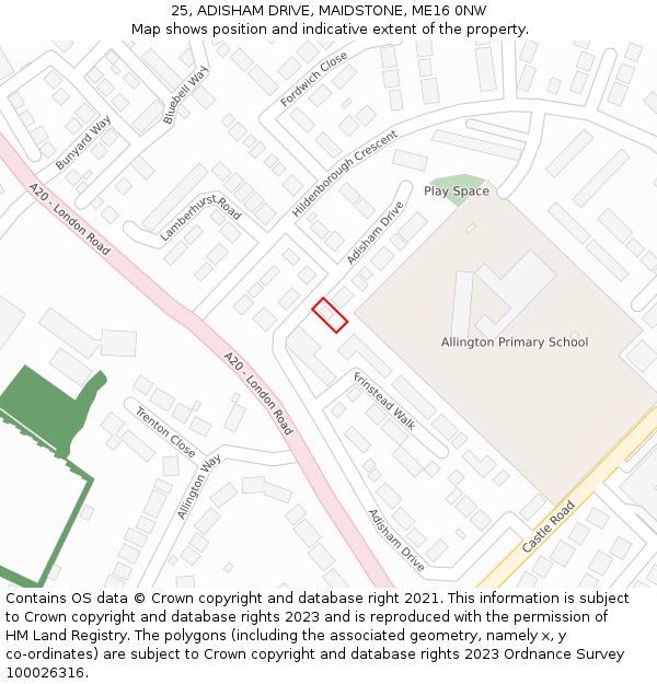 25, ADISHAM DRIVE, MAIDSTONE, ME16 0NW: Location map and indicative extent of plot