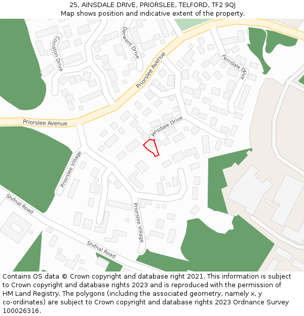 25, AINSDALE DRIVE, PRIORSLEE, TELFORD, TF2 9QJ: Location map and indicative extent of plot