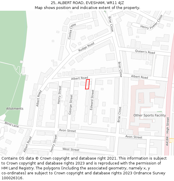 25, ALBERT ROAD, EVESHAM, WR11 4JZ: Location map and indicative extent of plot