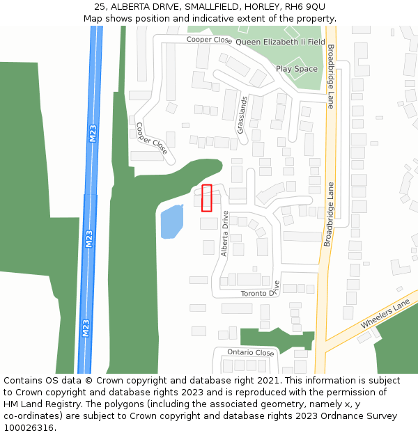 25, ALBERTA DRIVE, SMALLFIELD, HORLEY, RH6 9QU: Location map and indicative extent of plot