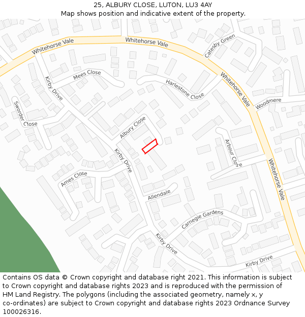 25, ALBURY CLOSE, LUTON, LU3 4AY: Location map and indicative extent of plot