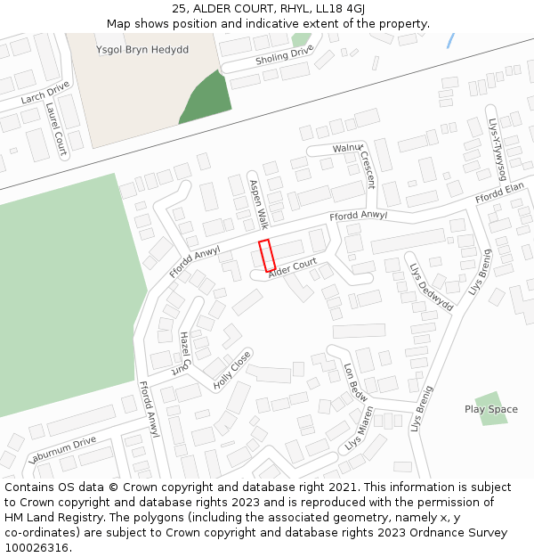 25, ALDER COURT, RHYL, LL18 4GJ: Location map and indicative extent of plot