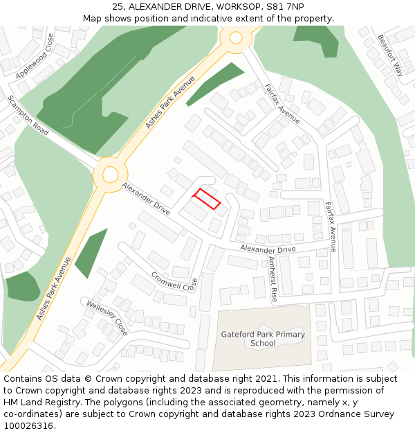 25, ALEXANDER DRIVE, WORKSOP, S81 7NP: Location map and indicative extent of plot