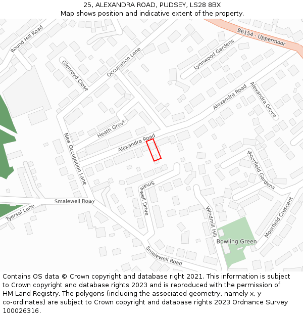 25, ALEXANDRA ROAD, PUDSEY, LS28 8BX: Location map and indicative extent of plot