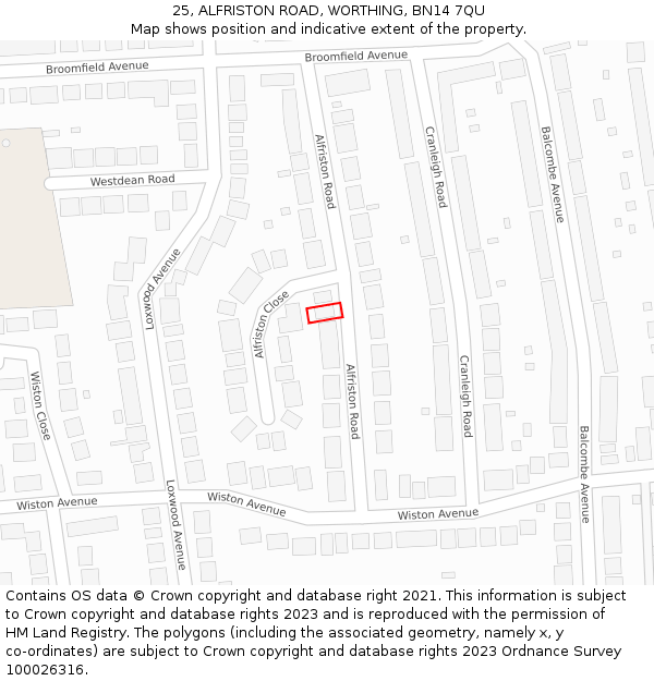 25, ALFRISTON ROAD, WORTHING, BN14 7QU: Location map and indicative extent of plot