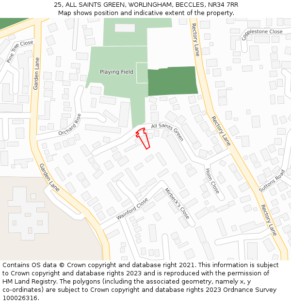 25, ALL SAINTS GREEN, WORLINGHAM, BECCLES, NR34 7RR: Location map and indicative extent of plot