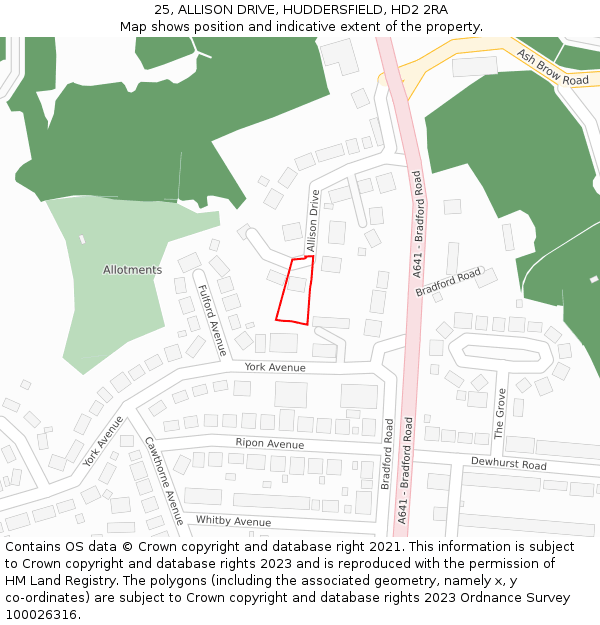 25, ALLISON DRIVE, HUDDERSFIELD, HD2 2RA: Location map and indicative extent of plot