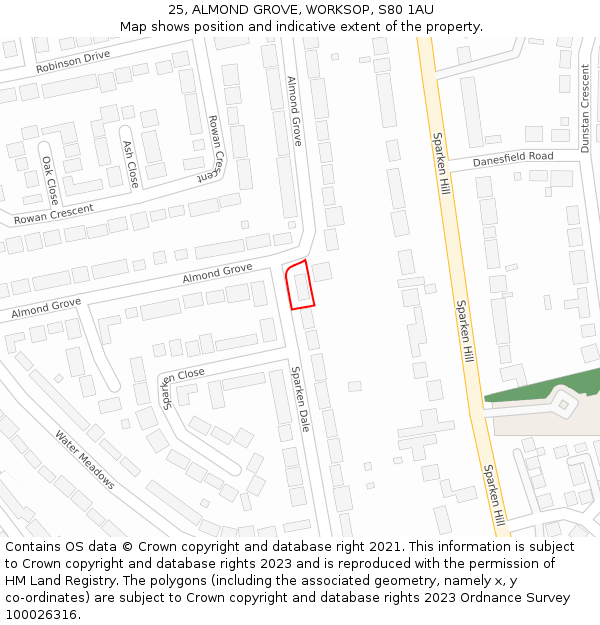 25, ALMOND GROVE, WORKSOP, S80 1AU: Location map and indicative extent of plot
