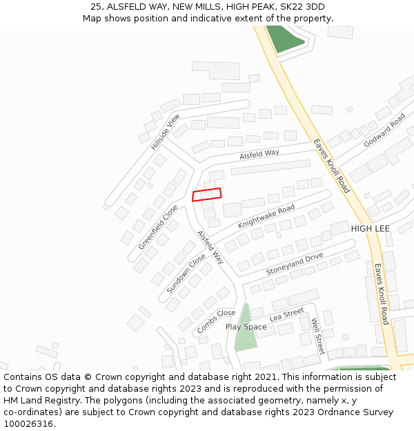 25, ALSFELD WAY, NEW MILLS, HIGH PEAK, SK22 3DD: Location map and indicative extent of plot