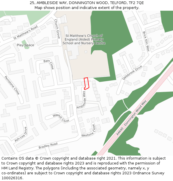 25, AMBLESIDE WAY, DONNINGTON WOOD, TELFORD, TF2 7QE: Location map and indicative extent of plot