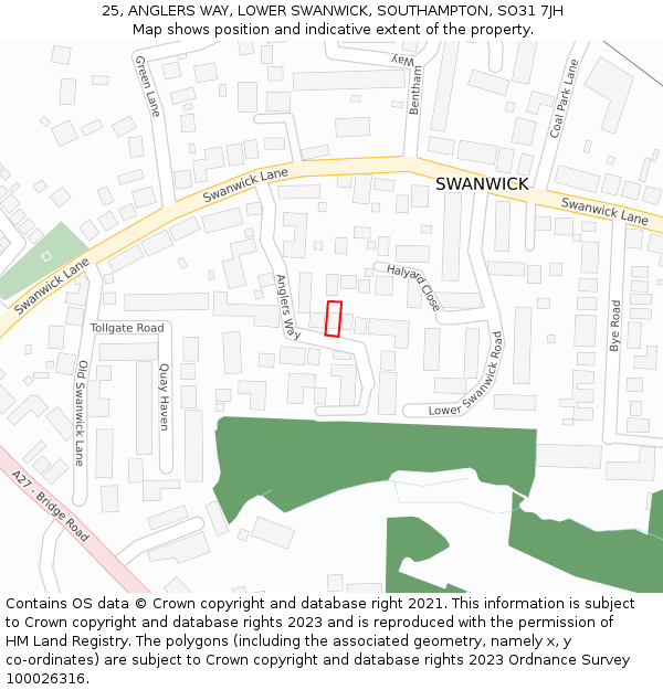 25, ANGLERS WAY, LOWER SWANWICK, SOUTHAMPTON, SO31 7JH: Location map and indicative extent of plot