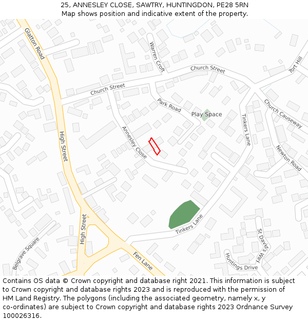 25, ANNESLEY CLOSE, SAWTRY, HUNTINGDON, PE28 5RN: Location map and indicative extent of plot