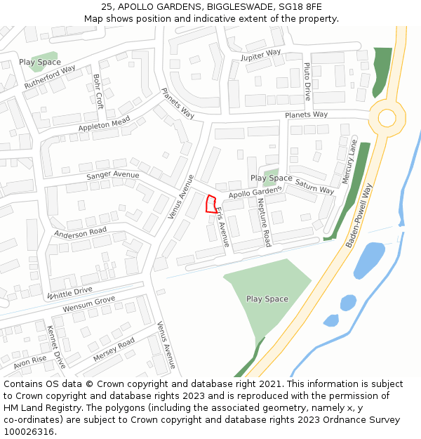 25, APOLLO GARDENS, BIGGLESWADE, SG18 8FE: Location map and indicative extent of plot