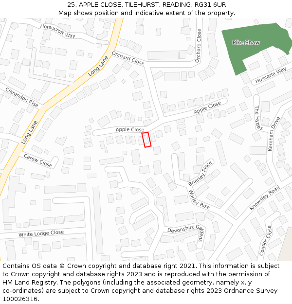 25, APPLE CLOSE, TILEHURST, READING, RG31 6UR: Location map and indicative extent of plot