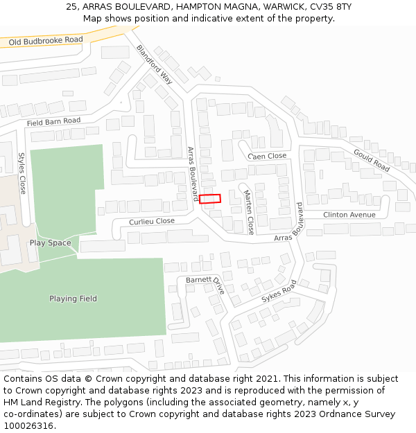 25, ARRAS BOULEVARD, HAMPTON MAGNA, WARWICK, CV35 8TY: Location map and indicative extent of plot